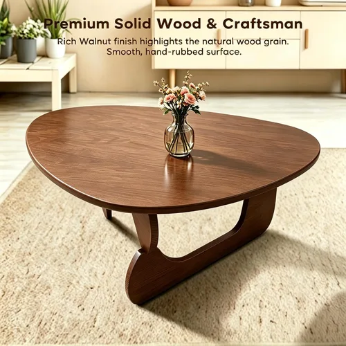 Vista 6 de Mesa de centro moderna de madera maciza, mesa central triangular única para sala de estar, 35.4 x 22.8 x 16.5 pulgadas, nogal