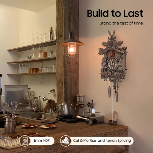 Vista 4 de Reloj de cuco de madera de estilo alemán con péndulo, funciona con pilas, reloj de pared con decoración de bosque, silenciador nocturno y volumen