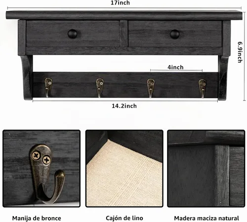 Vista 5 de Emfogo - Ganchos de pared de madera con estilo rústico, montados en la pared, con 4 ganchos y estante para entrada, cuarto de servicio, dormitorio