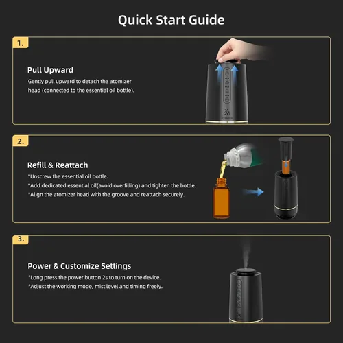 Vista 5 de Difusor de aceite sin agua, difusores portátiles de coche para aceites esenciales, difusores inalámbricos con 3 niveles de niebla y temporizador
