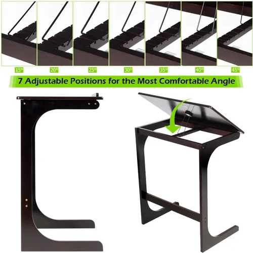 Vista 7 de Tangkula Mesa de sofá de bambú, mesa auxiliar ajustable de 7 ángulos con parte superior inclinable y patas estables, bandeja de TV portátil