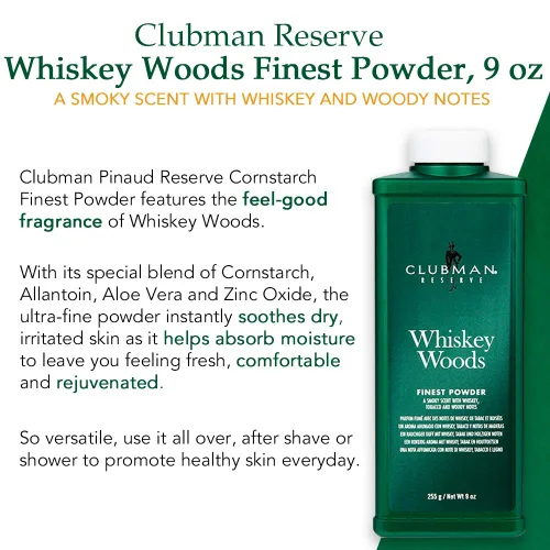 Vista 4 de Clubman Reserve Whiskey Woods Finest Powder - Polvo corporal clásico para hombres, control de humedad y olor, aroma a madera de whisky de barbería