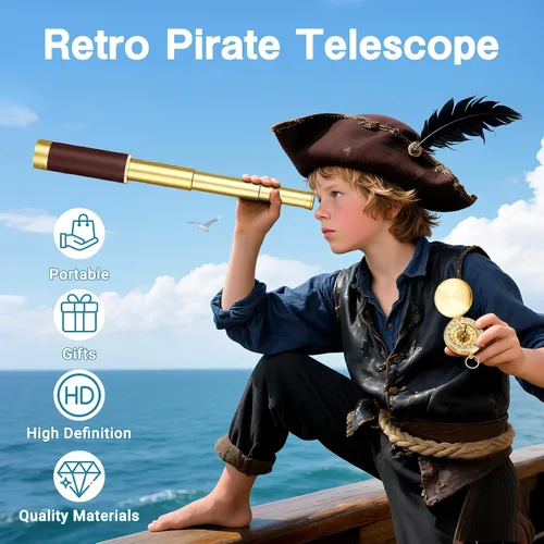 Vista 2 de Telescopio pirata retro con zoom de 25x30, telescopio portátil plegable de mano, monocular vintage para niños y equipo de supervivencia, brújula