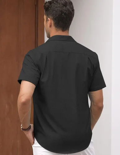 Vista 3 de COOFANDY Camisas casuales de lino de manga corta con botones para hombre