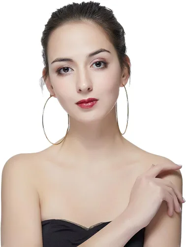 Vista 4 de Aretes de aro de baloncesto hipoalergénicos extra grandes para mujeres y hombres, aretes de aro grandes y finos, Metal, No es una piedra preciosa