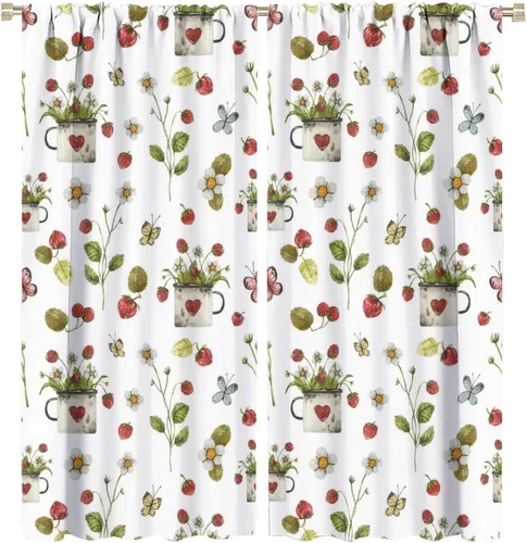 Vista 34 de Cortinas bohemias con diseño de fresas, bonitas cortinas bohemias con bolsillo para barra de fruta, tratamiento de ventana para cocina, sala