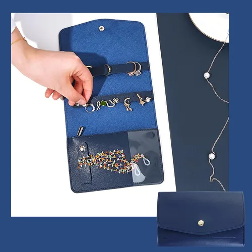 Vista 5 de Fumwase Estuche organizador de joyas de viaje de piel sintética, portátil, bolsa de almacenamiento para aretes, anillos, collares, pulseras, azul