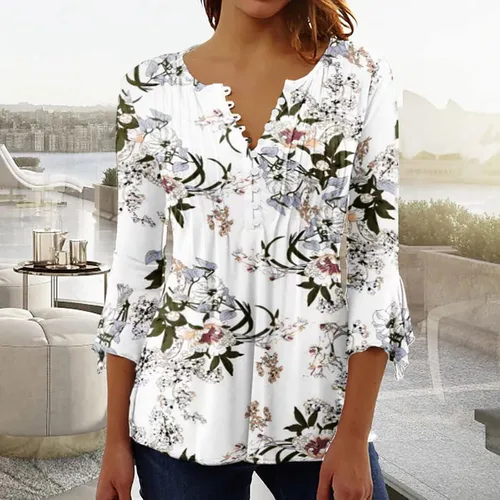 Vista 11 de Ceboyel Blusa tipo túnica con estampado floral para mujer, con botones, estilo Henley, con manga de codo, casual, trajes de moda para mujer