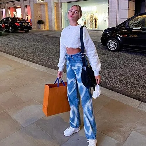 Vista 2 de KMBANGI Y2K Streetwear - Pantalones de mezclilla de cintura alta, para mujer, con pierna ancha, rectos, casuales, holgados, Y2K, diseño urbano