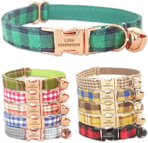 Vista 6 de PETDURO Collares de gato a cuadros personalizados hechos a mano con campana y hebilla de metal grabada con nombre personalizado para gatos lindos