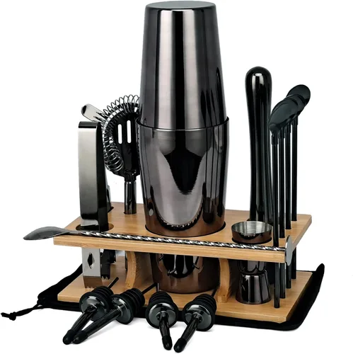 Vista 8 de Kit de coctelera de 17 piezas con soporte, coctelera Boston, cuchara mezcladora, Muddler, jigger medidor, exprimidor de limón, pinzas, sacacorchos