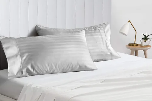 Vista 19 de Juego de 2 fundas de almohada de lujo para dormir con funda suave y transpirable, 100% algodón, 800 hilos, almohadas de rayas azul claro estándar