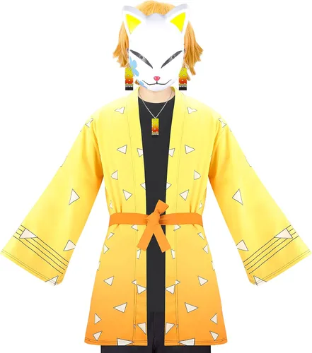 Vista 2 de Agatsuma Zenitsu - Conjunto de collar unisex para cosplay de anime, máscara, cárdigan, aretes, collares, M