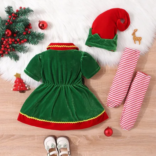 Vista 4 de Luckinbaby Disfraz de Navidad para niñas pequeñas, vestido de manga corta con cuello de muñeca de color contrastante + sombrero + calcetines a rayas