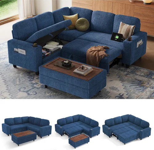 Vista 46 de LINSY HOME Sofá cama seccional con sofá cama extraíble para sala de estar (azul) Plush Corduroy