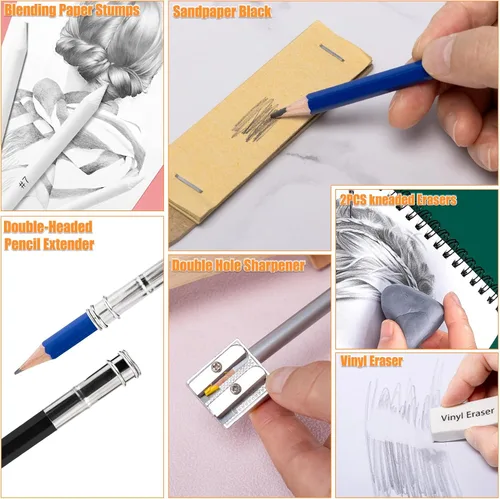 Vista 6 de Drawdart Art Supplies - Juego de lápices de dibujo, 76 unidades, kit de dibujo profesional con cuaderno de bocetos y bloc de acuarela, incluye
