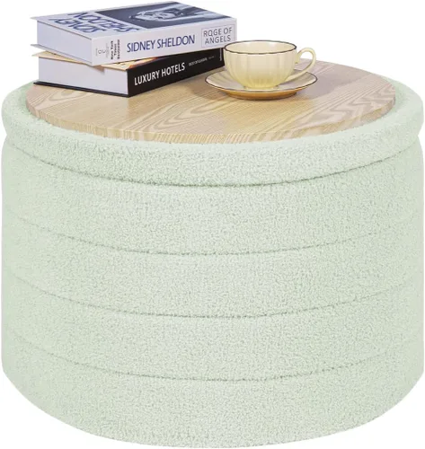 Vista 19 de PINPLUS Otomana de Almacenamiento Redonda Reposapiés Taburete con Bandeja de Terciopelo Sherpa Otomana de Almacenamiento Plegable, Reposapiés Boucle