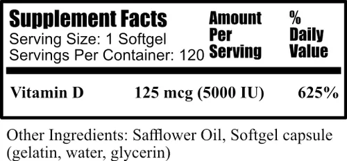 Vista 2 de Daily Manufacturing Vitamina D3 5000 UI (125 mcg) 120 cápsulas blandas