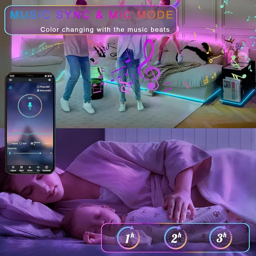 Vista 3 de Tira de luz LED con sensor de movimiento debajo de la cama, 9.84 pies, control remoto/aplicación, regulable, sincronización de música, temporizador