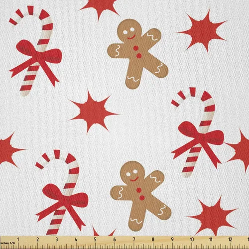 Vista 6 de Ambesonne Tela Navideña por Yarda, Tema Navideño Colorido Vivo Piñas de Pino Ramas Hombre de Jengibre Imagen de Bayas Estampada, Tela de Punto