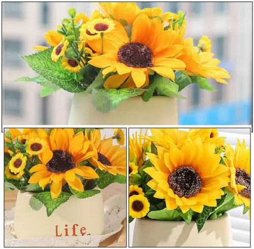 Vista 6 de HOMSFOU Planta simulada de girasol en maceta, 2 piezas, decoración de bonsái artificial para interiores para sala de estar, centro de mesa