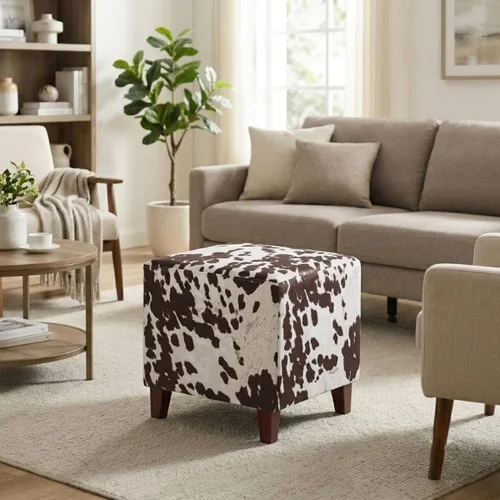 Vista 2 de Adeco Taburete otomano pequeño de 16.3 pulgadas, reposapiés otomano de lino con patas de madera, reposapiés tapizado para sala de estar, dormitorio