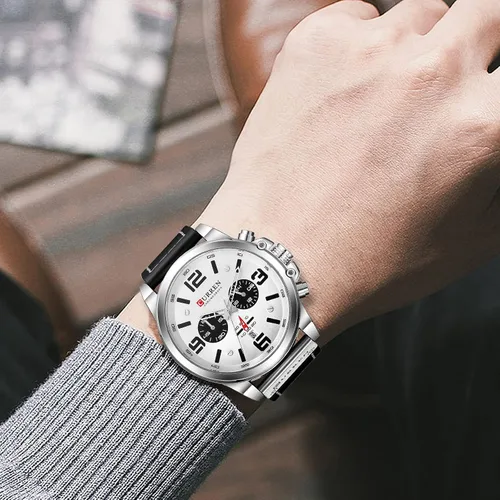 Vista 5 de Reloj de acero inoxidable con correa de cuero, estilo clásico, casual, resistente al agua, cronógrafo, fecha, y cuarzo analógico