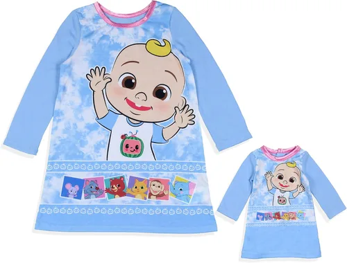 Vista 2 de Komar Kids CoComelon - Camisón de personaje JJ para niñas pequeñas con vestido de muñeca a juego, Azul bebé