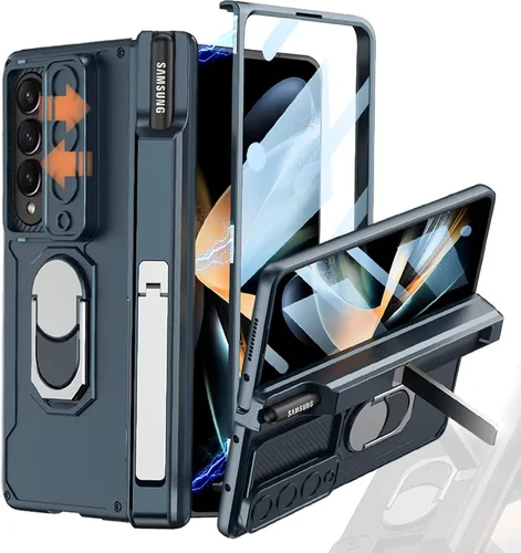 Vista 10 de Miimall Funda compatible con Samsung Z Fold 4 con protección de bisagra, soporte para bolígrafo, cubierta de cámara, soporte de anillo, soporte