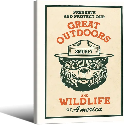 Vista 19 de Lienzo decorativo para pared con diseño de oso para niños, diseño de animales salvajes, conservación de la naturaleza, estilo retro, beige, cabaña