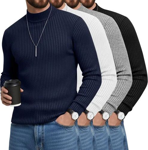 Vista 18 de Paquete de 4 Camisetas de Cuello Alto Simulado para Hombre de Algodón de Punto Acanalado de Manga Larga Pullover Ajustado Casual Suéteres Básicas