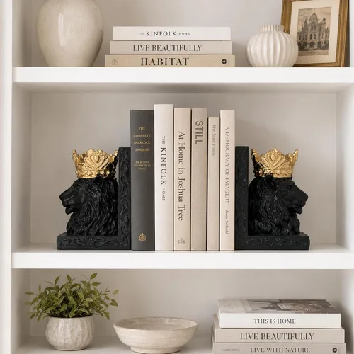 Vista 2 de Par de sujetalibros decorativos con cabeza de león negro de 7