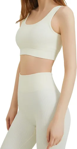 Vista 2 de Conjuntos de entrenamiento para mujer, 2 piezas, sin costuras, acanalados, de cintura alta, leggings de yoga, ropa de gimnasio, ropa activa