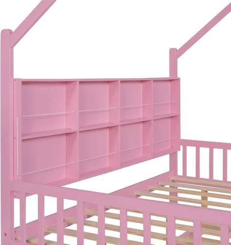Vista 7 de Harper & Bright Designs Cama de casa de tamaño matrimonial con nido, marco de cama matrimonial de madera con compartimento para estantes, cama