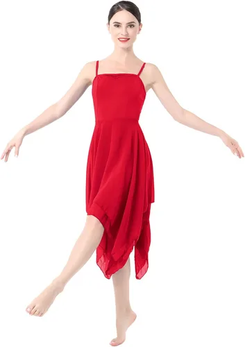 Vista 2 de ODASDO Disfraz de danza lírica para mujer, moderno, contemporáneo, de ballet, con tirantes delgados, vestido fluido de gasa