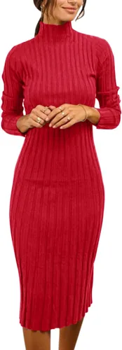Vista 2 de MEROKEETY - Vestido de manga larga acanalado para mujer, con cuello alto, ajuste entallado, longitud por debajo de la rodilla y tejido