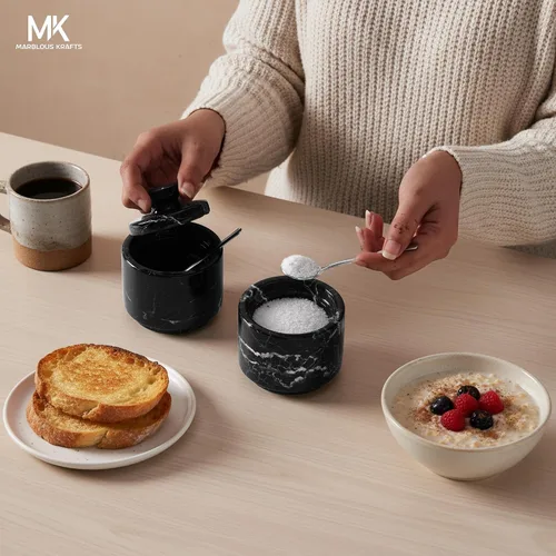 Vista 4 de MARBLOUS KRAFTS Salero de Mármol con Tapa y Cuchara 3" Caja de Sal Navideña Escamosa Cebra Negra para Regalo, Juego Pequeño Moderno de 2