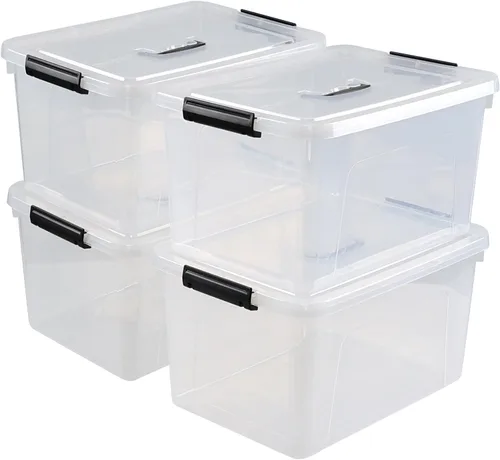 Vista 8 de 4 paquetes de contenedores de almacenamiento de plástico con tapa de 10 L, caja de almacenamiento transparente con asa