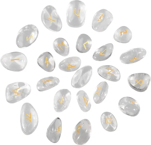 Vista 8 de Nupuyai Juego de piedras rúnicas naturales de cristal pulido de brujas con alfabeto rúnico Futhark de élder grabado para meditación y curación