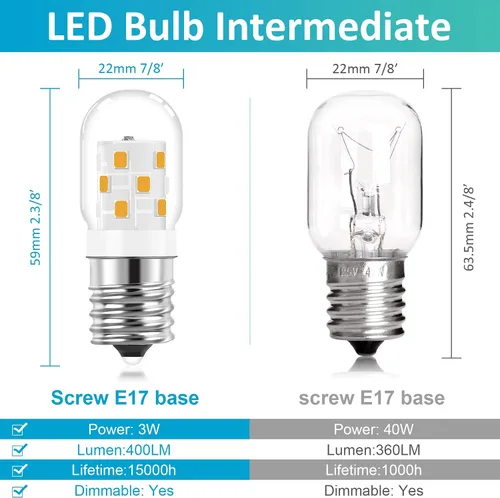 Vista 2 de Bombilla LED E17 para debajo del microondas sobre estufa de 125 V, 8206232A, equivalente a 40 W, base intermedia E17, bombilla regulable de 3 W