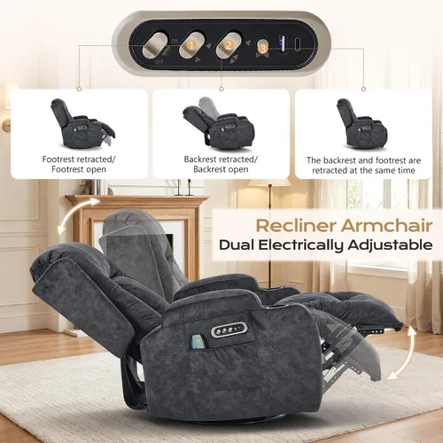 Vista 4 de URRED Silla reclinable giratoria eléctrica con vibración y calor Diseño de motor dual, posiciones infinitas, carga USB, luces LED, portavasos Gris
