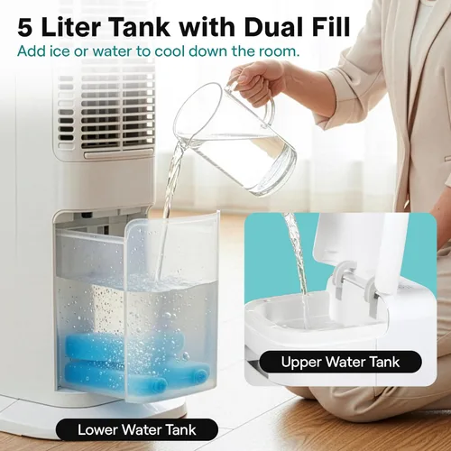 Vista 6 de SereneLife - Enfriador de aire evaporativo de torre con control remoto, tanque de 5L, 4 contenedores para hielo, 3 velocidades, enfriador silencioso