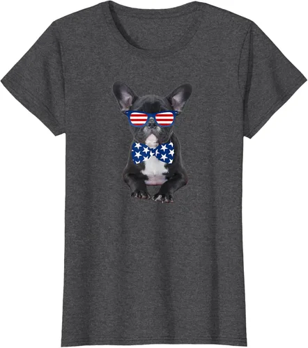 Vista 4 de Funny French Bulldog 4th de julio de Patriótico EE. UU. playera, niños 10, Blanco