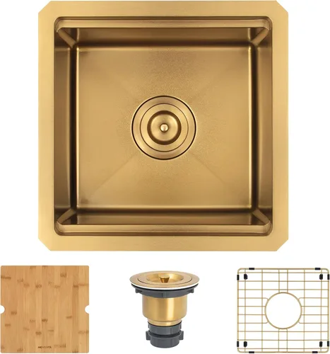 Vista 20 de Fregadero de barra dorada de 13 x 15 pulgadas, fregaderos de cocina dorados de acero inoxidable SUS304 de calibre 16 con accesorios, fregadero