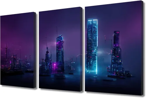 Vista 57 de Arte de pared de 3 piezas de escena de ciencia ficción de la calle comercial futurista paisaje urbano, decoración de pared para dormitorio