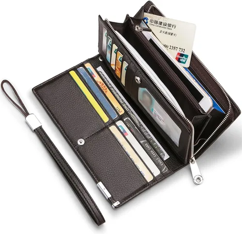 Vista 2 de Huztencor Carteras largas para hombre billetera plegable de cuero con bloqueo RFID y cremallera Cartera RFID