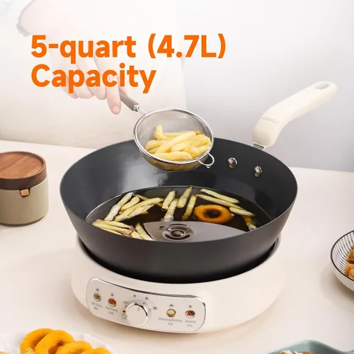 Vista 7 de Joydeem Sartén eléctrica de 5 cuartos de galón, sartén antiadherente de hierro puro con tapa de vidrio y estante de vapor, control de calor de 3