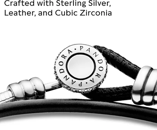 Vista 4 de PANDORA Joyería - Pulsera doble de cuero con circonita cúbica en plata de ley, Metal Cuero