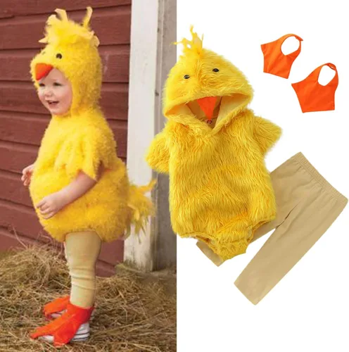 Vista 2 de Disfraz de pollo para bebé, disfraz de Halloween, disfraz de bebé niño y niña, mameluco con capucha de animal Amarillo