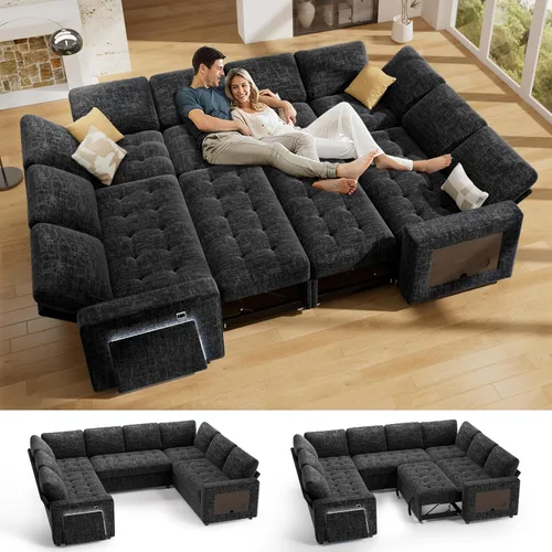 Vista 10 de Vipbear Sofá cama modular en forma de L de 7 asientos con otomana/cama extraíble/respaldo reclinable/puertos USB/mesa/luz LED/asiento de Negro